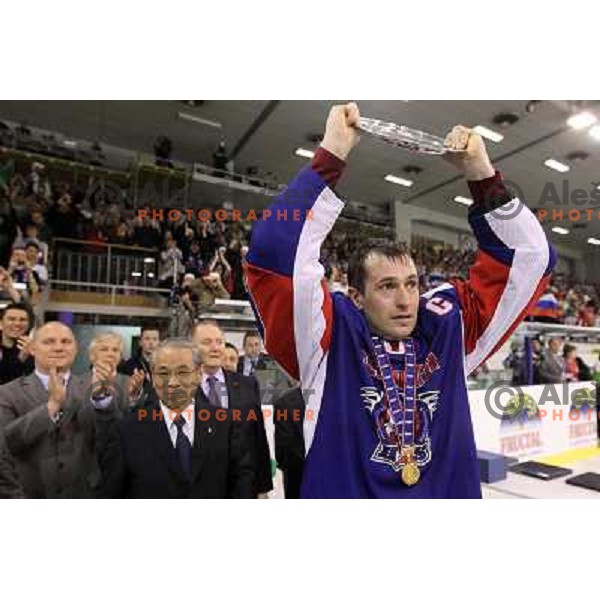 Tomaz Razingar during victory celebration of Slovenia team after gold medal ice-hockey match Slovenia-Hungary at IIHF World Championship-Div 1, group B, played in Hala Tivoli, Ljubljana, Slovenia 23.4.2010. Slovenia won 4-1 and took first place. 