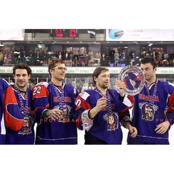 Milovanovic, Marcel Rodman, Sivic, Kovacevic during victory celebration of Slovenia team after gold medal ice-hockey match Slovenia-Hungary at IIHF World Championship-Div 1, group B, played in Hala Tivoli, Ljubljana, Slovenia 23.4.2010. Slovenia won 4-1 a