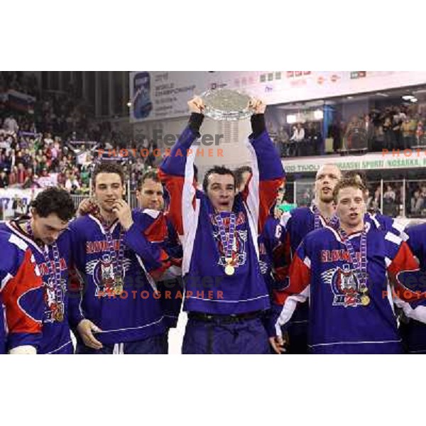 victory celebration of Slovenia team after gold medal ice-hockey match Slovenia-Hungary at IIHF World Championship-Div 1, group B, played in Hala Tivoli, Ljubljana, Slovenia 23.4.2010. Slovenia won 4-1 and took first place. 