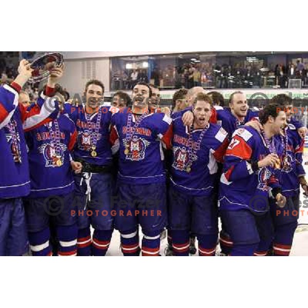 victory celebration of Slovenia team after gold medal ice-hockey match Slovenia-Hungary at IIHF World Championship-Div 1, group B, played in Hala Tivoli, Ljubljana, Slovenia 23.4.2010. Slovenia won 4-1 and took first place. 