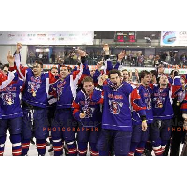 victory celebration of Slovenia team after gold medal ice-hockey match Slovenia-Hungary at IIHF World Championship-Div 1, group B, played in Hala Tivoli, Ljubljana, Slovenia 23.4.2010. Slovenia won 4-1 and took first place. 