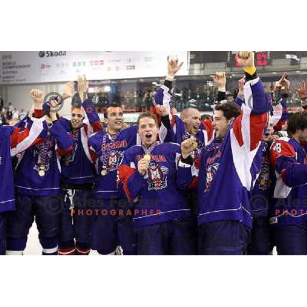 Music, Mursak, Milovanovic during victory celebration of Slovenia team after gold medal ice-hockey match Slovenia-Hungary at IIHF World Championship-Div 1, group B, played in Hala Tivoli, Ljubljana, Slovenia 23.4.2010. Slovenia won 4-1 and took first plac