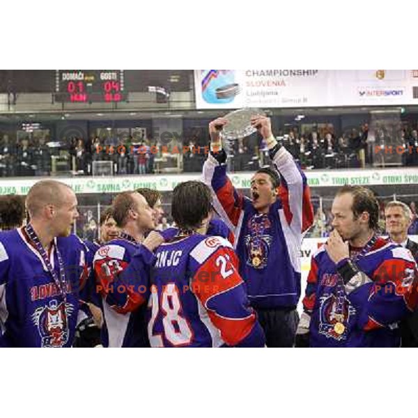 Ziga Pavlin during victory celebration of Slovenia team after gold medal ice-hockey match Slovenia-Hungary at IIHF World Championship-Div 1, group B, played in Hala Tivoli, Ljubljana, Slovenia 23.4.2010. Slovenia won 4-1 and took first place. 