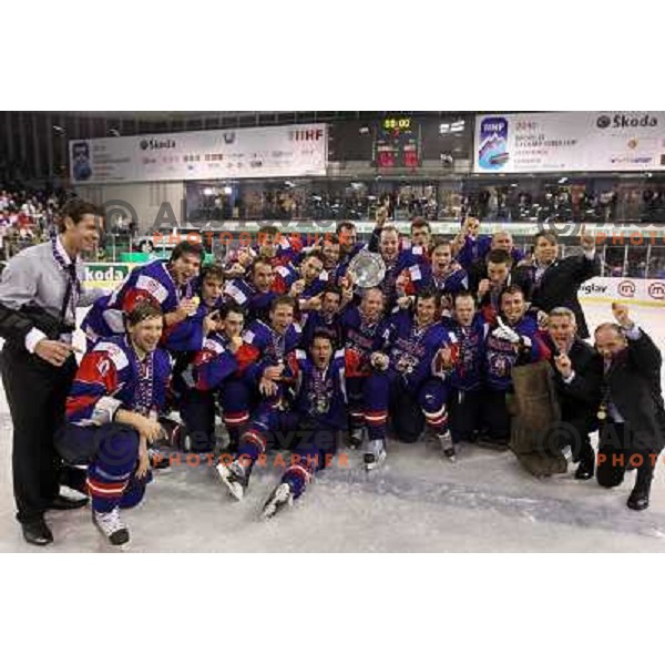 victory celebration of Slovenia team after gold medal ice-hockey match Slovenia-Hungary at IIHF World Championship-Div 1, group B, played in Hala Tivoli, Ljubljana, Slovenia 23.4.2010. Slovenia won 4-1 and took first place. 