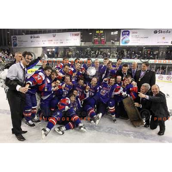victory celebration of Slovenia team after gold medal ice-hockey match Slovenia-Hungary at IIHF World Championship-Div 1, group B, played in Hala Tivoli, Ljubljana, Slovenia 23.4.2010. Slovenia won 4-1 and took first place. 