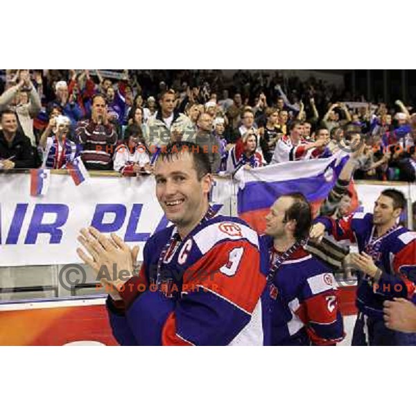 Tomaz Razingar during victory celebration of Slovenia team after gold medal ice-hockey match Slovenia-Hungary at IIHF World Championship-Div 1, group B, played in Hala Tivoli, Ljubljana, Slovenia 23.4.2010. Slovenia won 4-1 and took first place. 