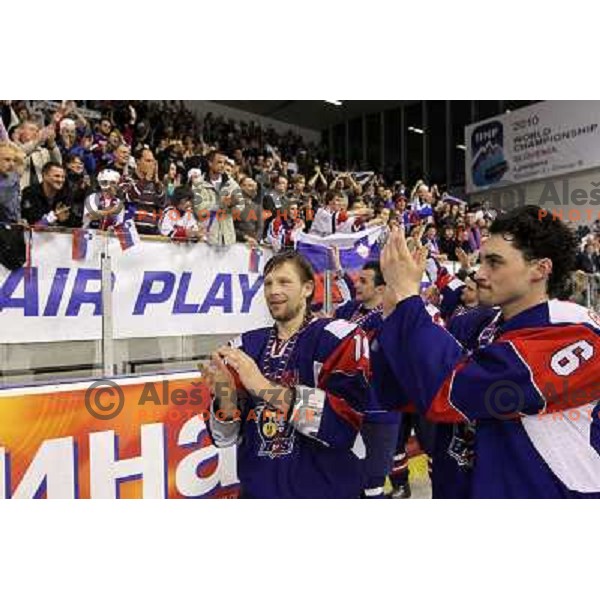 Mitja Sivic and Klemen Pretnar during victory celebration of Slovenia team after gold medal ice-hockey match Slovenia-Hungary at IIHF World Championship-Div 1, group B, played in Hala Tivoli, Ljubljana, Slovenia 23.4.2010. Slovenia won 4-1 and took first 