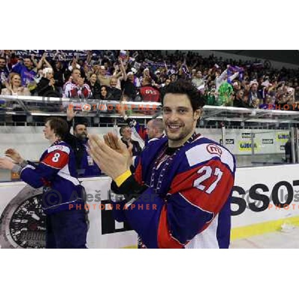 Jakob Milovanovic during victory celebration of Slovenia team after gold medal ice-hockey match Slovenia-Hungary at IIHF World Championship-Div 1, group B, played in Hala Tivoli, Ljubljana, Slovenia 23.4.2010. Slovenia won 4-1 and took first place. 