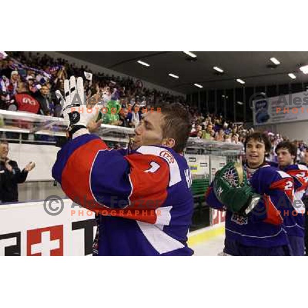 Andrej Hocevar and Ales Sila during victory celebration of Slovenia team after gold medal ice-hockey match Slovenia-Hungary at IIHF World Championship-Div 1, group B, played in Hala Tivoli, Ljubljana, Slovenia 23.4.2010. Slovenia won 4-1 and took first pl
