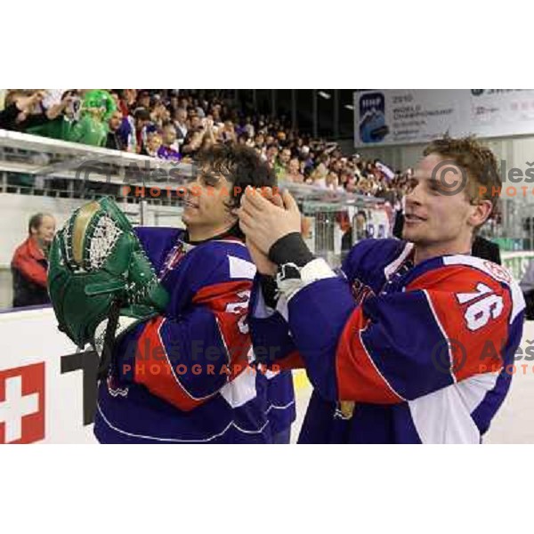 Ales Sila and Ales Music during victory celebration of Slovenia team after gold medal ice-hockey match Slovenia-Hungary at IIHF World Championship-Div 1, group B, played in Hala Tivoli, Ljubljana, Slovenia 23.4.2010. Slovenia won 4-1 and took first place.