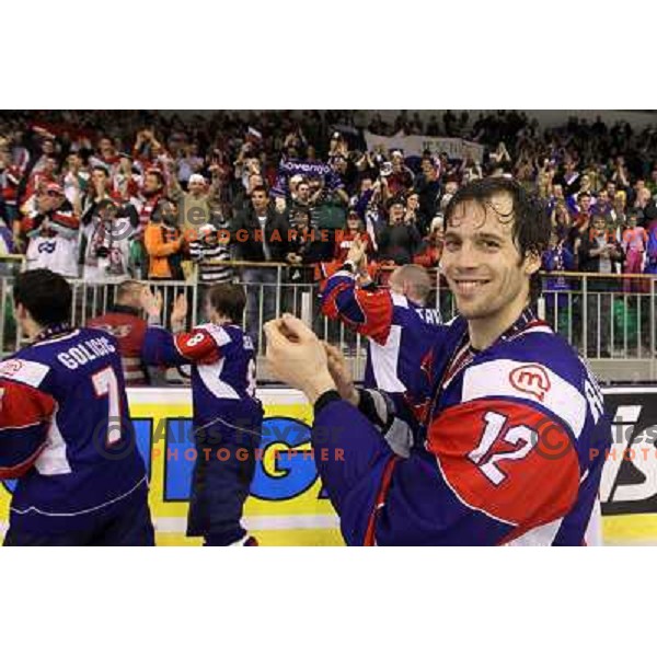 David Rodman during victory celebration of Slovenia team after gold medal ice-hockey match Slovenia-Hungary at IIHF World Championship-Div 1, group B, played in Hala Tivoli, Ljubljana, Slovenia 23.4.2010. Slovenia won 4-1 and took first place. 
