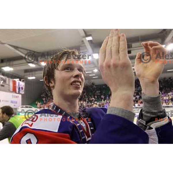 Ziga Jeglic during victory celebration of Slovenia team after gold medal ice-hockey match Slovenia-Hungary at IIHF World Championship-Div 1, group B, played in Hala Tivoli, Ljubljana, Slovenia 23.4.2010. Slovenia won 4-1 and took first place. 