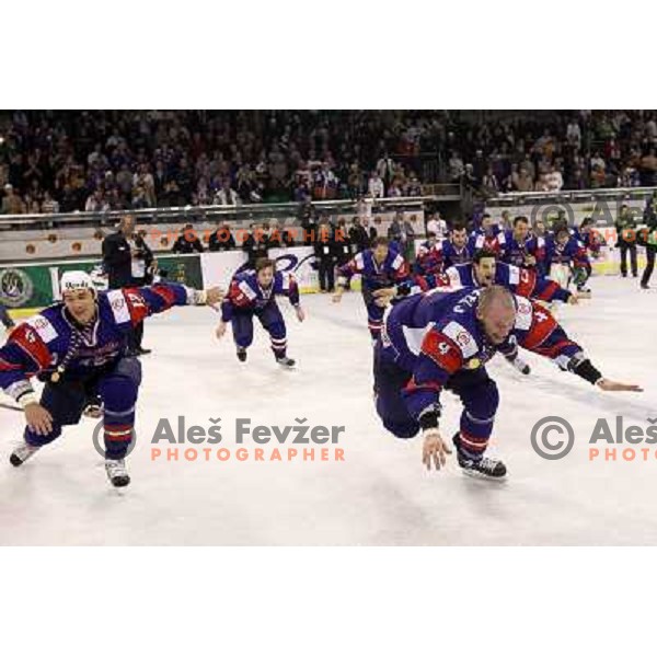 Ziga Pavlin and Andrej Tavzelj during victory celebration of Slovenia team after gold medal ice-hockey match Slovenia-Hungary at IIHF World Championship-Div 1, group B, played in Hala Tivoli, Ljubljana, Slovenia 23.4.2010. Slovenia won 4-1 and took first 