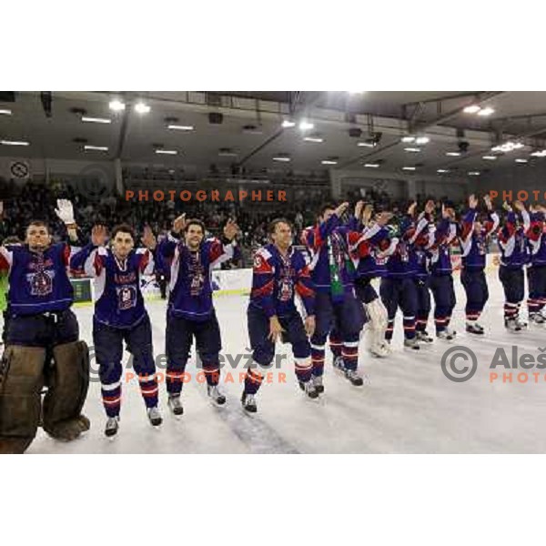 victory celebration of Slovenia team after gold medal ice-hockey match Slovenia-Hungary at IIHF World Championship-Div 1, group B, played in Hala Tivoli, Ljubljana, Slovenia 23.4.2010. Slovenia won 4-1 and took first place. 