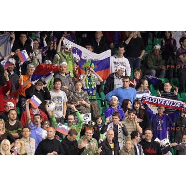Slovenia fans in action during ice-hockey match Slovenia- Great Britain in IIHF World Championship Divison 1 group B, played in Hala Tivoli, Ljubljana, Slovenia 20.4.2010 