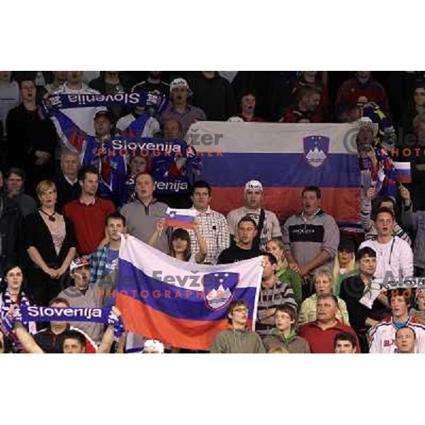 Slovenia fans in action during ice-hockey match Slovenia- Great Britain in IIHF World Championship Divison 1 group B, played in Hala Tivoli, Ljubljana, Slovenia 20.4.2010 