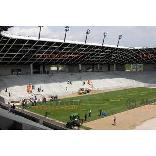 New turf on the pitch at Stozice football stadium in construction, Ljubljana, Slovenia 1.5.2010 