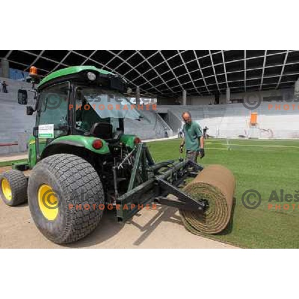 New turf on the pitch at Stozice football stadium in construction, Ljubljana, Slovenia 1.5.2010 