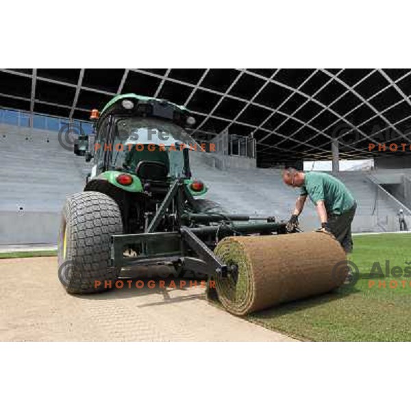 New turf on the pitch at Stozice football stadium in construction, Ljubljana, Slovenia 1.5.2010 