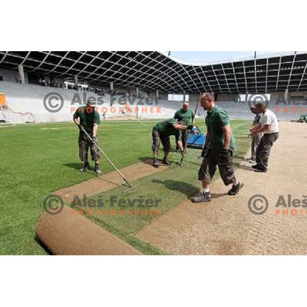 New turf on the pitch at Stozice football stadium in construction, Ljubljana, Slovenia 1.5.2010 
