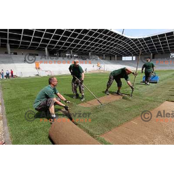 New turf on the pitch at Stozice football stadium in construction, Ljubljana, Slovenia 1.5.2010 
