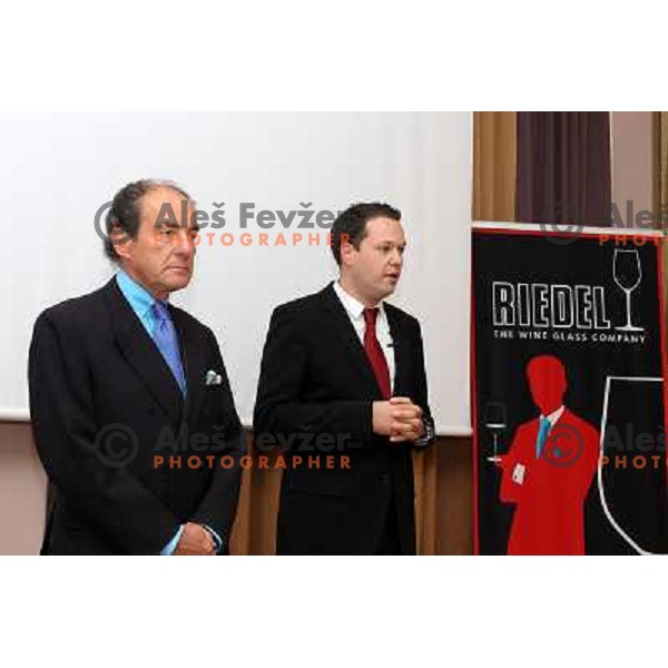Gasper Carman from Evino introduces Georg J. Riedel, owner of Riedel Glass Works who presents his fine glasses at degustation in hotel Slon, Ljubljana, Slovenia 12th of May 2010 