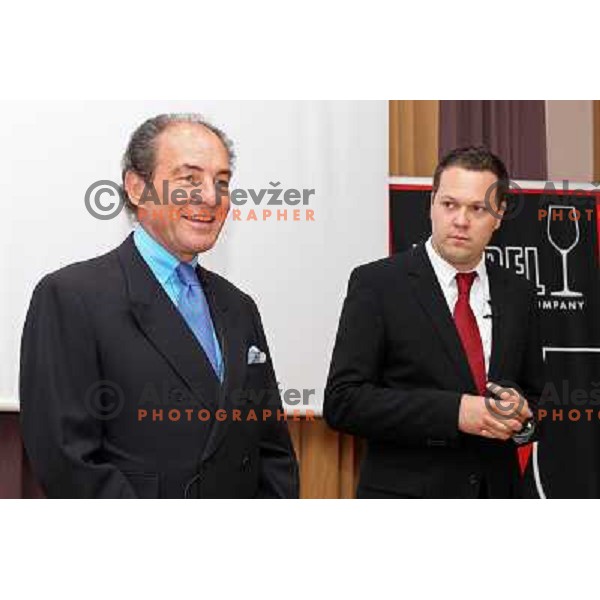 Georg J. Riedel, owner of Riedel Glass Works presenting his fine glasses at degustation in hotel Slon, Gasper Carman (right), Ljubljana, Slovenia 12th of May 2010 