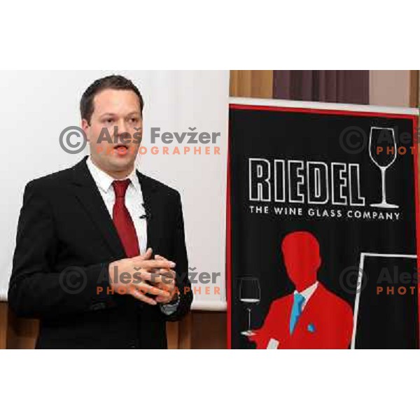 Gasper Carman from Evino introduces Georg J. Riedel, owner of Riedel Glass Works who presents his fine glasses at degustation in hotel Slon, Ljubljana, Slovenia 12th of May 2010 