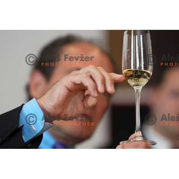  Georg J. Riedel, owner of Riedel Glass Works presenting his fine glasses at degustation in hotel Slon, Ljubljana, Slovenia 12th of May 2010 