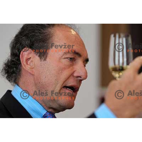  Georg J. Riedel, owner of Riedel Glass Works presenting his fine glasses at degustation in hotel Slon, Ljubljana, Slovenia 12th of May 2010 