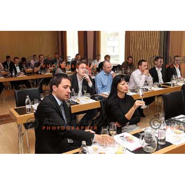 Guests listening to Georg J. Riedel, owner of Riedel Glass Works who presents his fine glasses at degustation in hotel Slon, Ljubljana, Slovenia 12th of May 2010 