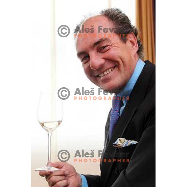  Georg J. Riedel, owner of Riedel Glass Works presenting his fine glasses at degustation in hotel Slon, Ljubljana, Slovenia 12th of May 2010 