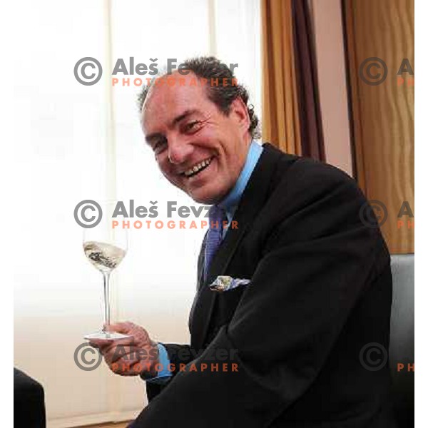  Georg J. Riedel, owner of Riedel Glass Works presenting his fine glasses at degustation in hotel Slon, Ljubljana, Slovenia 12th of May 2010 