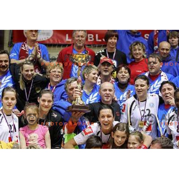 Alja Jankovic, Neja Soberl, Dragana Cvijic, Andrea Lekic, Krim Mercator players and fans celebrate Slovenian national handball title in Ljubljana 15.5.2010 