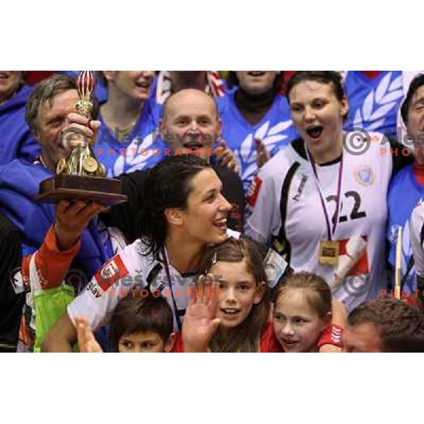 Andrea Lekic, Krim Mercator players and fans celebrate Slovenian national handball title in Ljubljana 15.5.2010 