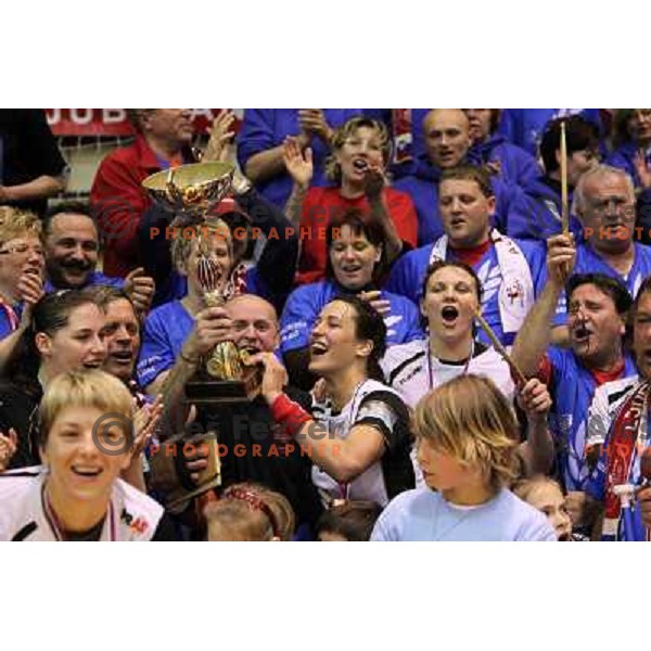 Dragana Cvijic, Andrea Lekic, Krim Mercator players and fans celebrate Slovenian national handball title in Ljubljana 15.5.2010 