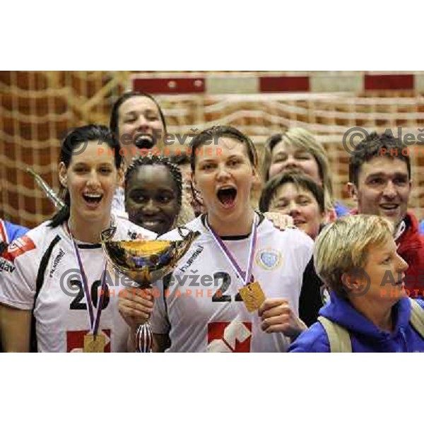 Alja Koren, Dragana Cvijic, Andrea Lekic, Krim Mercator players and fans celebrate Slovenian national handball title in Ljubljana 15.5.2010 