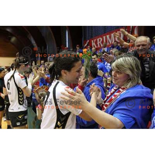 Andrea Lekic, Krim Mercator players and fans celebrate Slovenian national handball title in Ljubljana 15.5.2010 