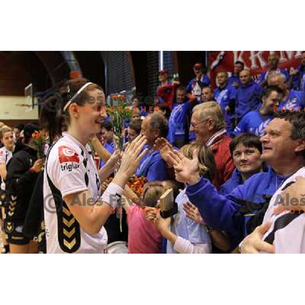 Ana Gros, Krim Mercator players and fans celebrate Slovenian national handball title in Ljubljana 15.5.2010 