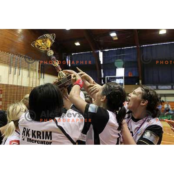 Dragana Cvijic, Andrea Lekic, Krim Mercator players and fans celebrate Slovenian national handball title in Ljubljana 15.5.2010 