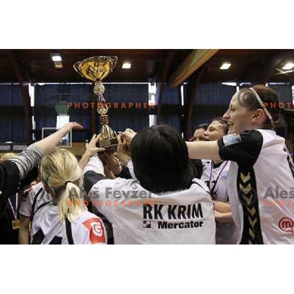 Ana Gros, Krim Mercator players and fans celebrate Slovenian national handball title in Ljubljana 15.5.2010 