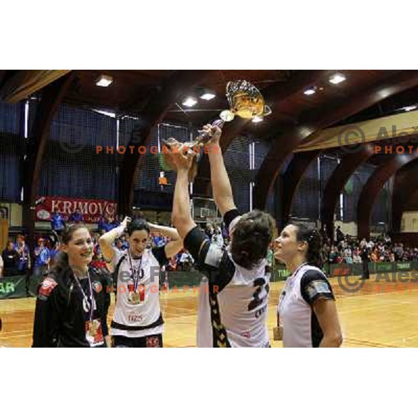 Neja Soberl, Alja Koren, Dragana Cvijic, Andrea Lekic, Krim Mercator players and fans celebrate Slovenian national handball title in Ljubljana 15.5.2010 