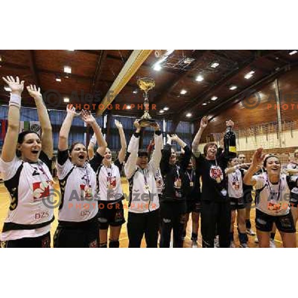 Koren,Cvijic, Gros, Bodnieva,Soberl, Stefanisin, Lekic and Krim Mercator players and fans celebrate Slovenian national handball title in Ljubljana 15.5.2010 