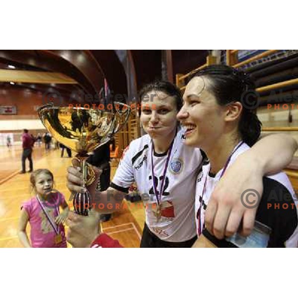 Dragana Cvijic, Andrea Lekic, Krim Mercator players and fans celebrate Slovenian national handball title in Ljubljana 15.5.2010 