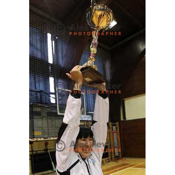  Liudmila Bodnieva with trophy before Krim Mercator players and fans celebrate Slovenian national handball title in Ljubljana 15.5.2010 