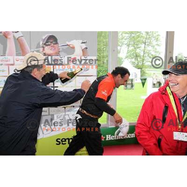 Winner Carlos Balmaseda (ESP) receiving champagne shower after final day of Slovenian Golf Open, professional golf tournament on Alps Tour, played at Ptuj golf course, Slovenia 16.5.2010 