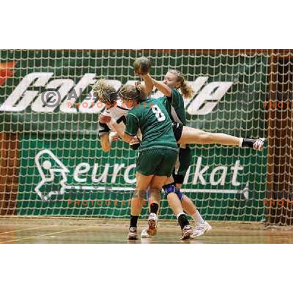 Vergeljuk, Mitrusevska, Ceckova in action during handball match Krim Mercator- Olimpija in final round of Slovenian National Championships , played at Galjevica Hall in Ljubljana, Slovenia 15.5.2010 