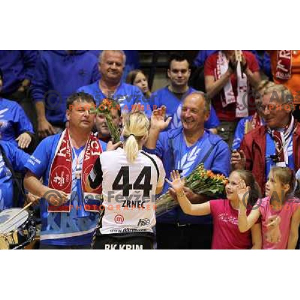 Maja Zrnec and Krim Mercator players and fans celebrate Slovenian national handball title in Ljubljana 15.5.2010 