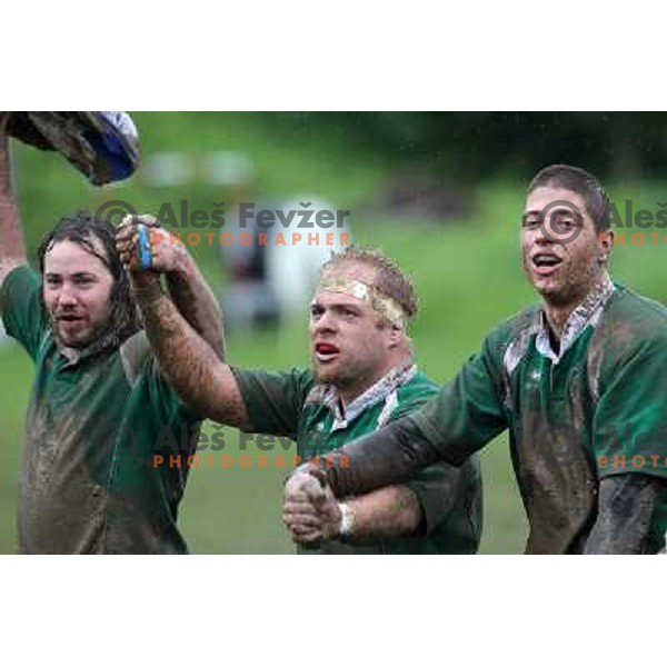 Klemen Sobak, Peter Gobec in action during rugby match Slovenia- Denmark in European Championships Division 3B, played Oval Stanezice, Ljubljana 15.5.2010. Slovenia won 14:12. 