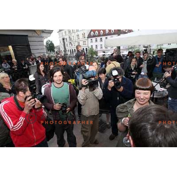 Fashion designer Ivona Martinko and snowboarder Rok Flander during grand opening in their fashion boutique in Ljubljana, Slovenia 20.5.2010 